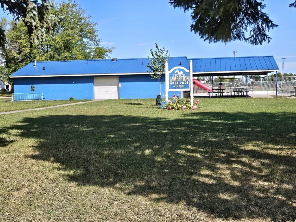 Lamberton City Pool Building and sign